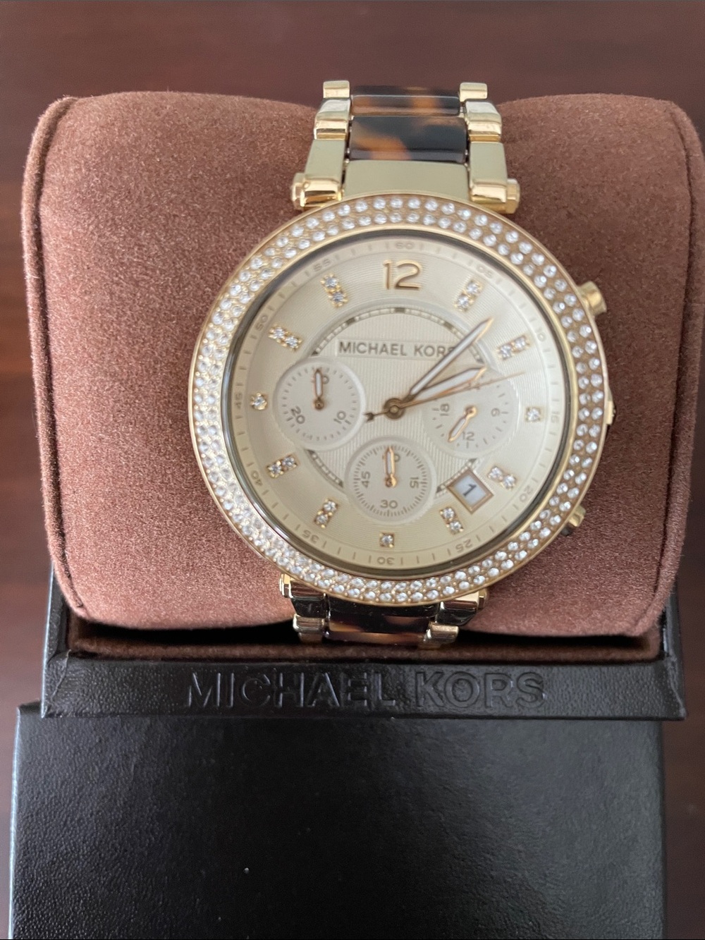 Michael Kors Gold and Tortoiseshell Crystal-Trim Cronograph Watch